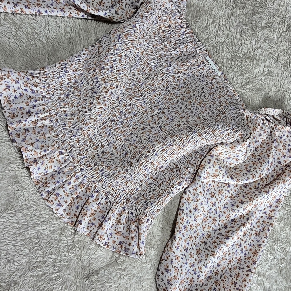 Paper Crane White Smocked Top with Blue & Brown Floral Speckle